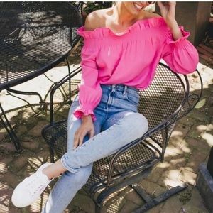 NWT TUCKERNUCK Marguerite Off-the-shoulders Ruffle Top in hot pink.